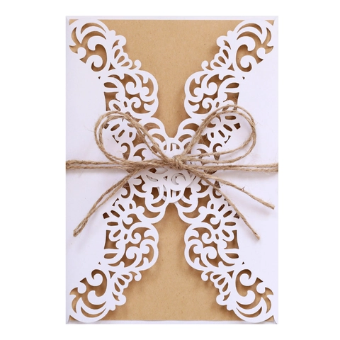 Set di Biglietti d Invito per Matrimonio Tagliati al Laser Con Busta in Carta Kraft Motivo Floreale Cavo Fiocco in Spago Articoli per Feste