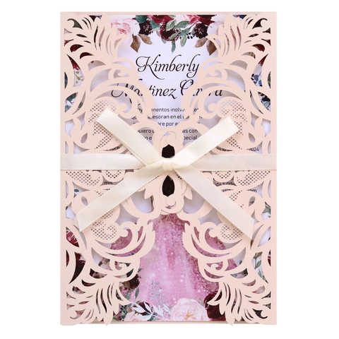 Laser Cut Wedding Invitation Cards With Satin Ribbon Floral Hollow Lace Invitations For Engagement Marriage Party Ceremony