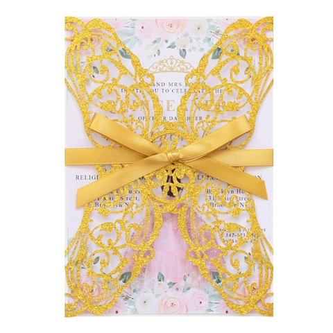 Élégantes Invitations Papillon Découpe Laser Papier Perlé Pailleté Cartes Creuses Avec Nœud pour Mariage Fête Célébration