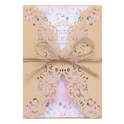 Set di Biglietti d Invito per Matrimonio Tagliati al Laser Con Busta in Carta Kraft Motivo Floreale Cavo Fiocco in Spago Articoli per Feste