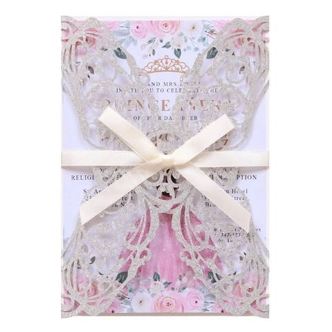 Élégantes Invitations Papillon Découpe Laser Papier Perlé Pailleté Cartes Creuses Avec Nœud pour Mariage Fête Célébration