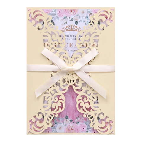 Elegante Biglietto Invito Matrimonio Taglio Laser Con Design Fiori Traforati Fiocco Raso Carta Interna Busta Per Festa Fidanzamento