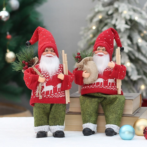 Père Noël Traditionnel Ornement en Tissu Tricoté Rouge Vert Motif Renne Debout Assis Décoration de Maison de Noël