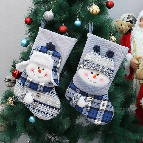Knitted Christmas Stocking With 3D Snowman Plaid Pattern Blue Grey Festive Gift Bag Hanging Decoration For Tree Party