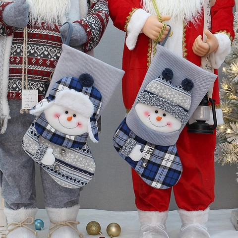 Knitted Christmas Stocking With 3D Snowman Plaid Pattern Blue Grey Festive Gift Bag Hanging Decoration For Tree Party