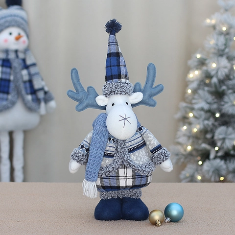 Ornement de Poupée en Peluche de Renne de Noël à Carreaux Bleus Nordiques Figurine de Cerf à Long Nez en Tricot