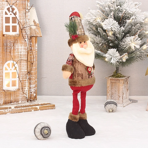 Poupée en Peluche à Jambes Rétractables de Noël Père Noël Bonhomme de Neige Renne Figurines en Tissu à Carreaux Ornements de Noël Maison