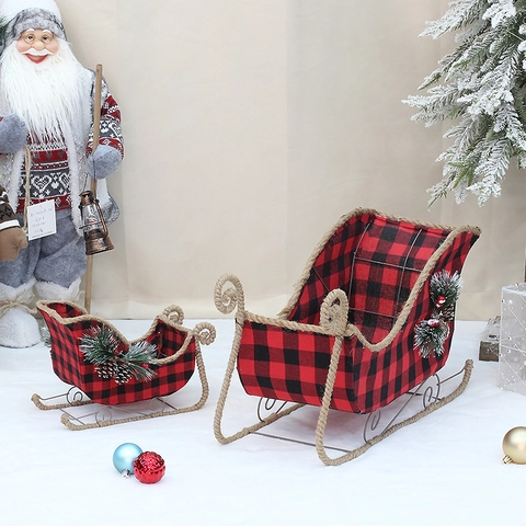 Christmas Buffalo Plaid Sleigh Decoration With Pine Cones Pine Needles Fabric Iron Sled Ornament For Xmas Home Table Decor