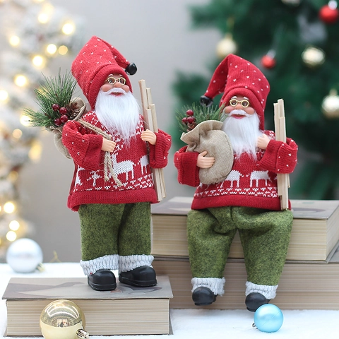 Père Noël Traditionnel Ornement en Tissu Tricoté Rouge Vert Motif Renne Debout Assis Décoration de Maison de Noël