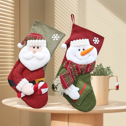 Calza di Natale Grande Decorazione Sacchetto Regalo di Caramelle in Tessuto Con Bambola 3D Babbo Natale Pupazzo di Neve per Albero di Natale Decorazione Casa Festa