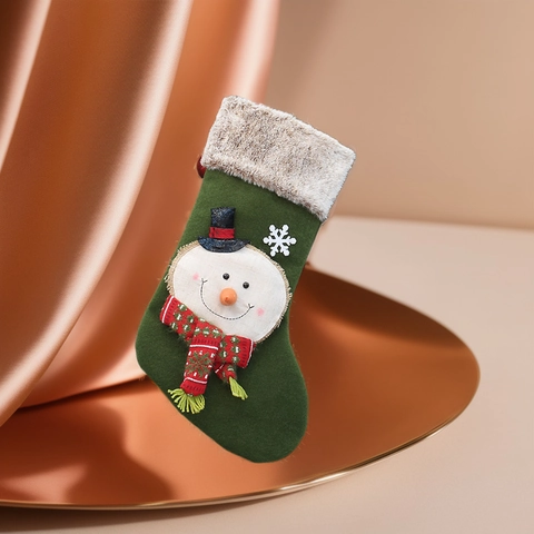 Calza di Natale Vintage Grande Bordo in Ecopelliccia Babbo Natale Pupazzo di Neve Renna Applique 3D Sacco Regalo Decorazione