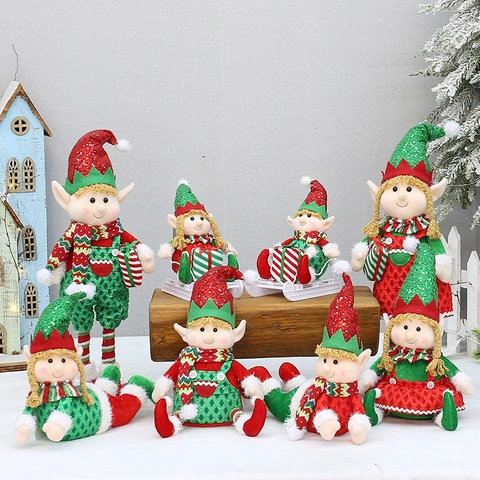 Christmas Elf Plush Doll Sleigh Sitting Lying Retractable Legs Sequin Hat Festive Ornament Xmas Party Decoration For Home