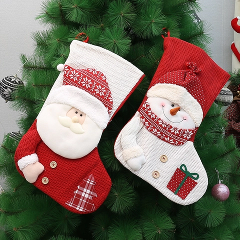 Large Knit Christmas Stocking Santa Snowman 3D Plush Character Xmas Gift Bag Fireplace Hanging Socks Holiday Home Party Decor