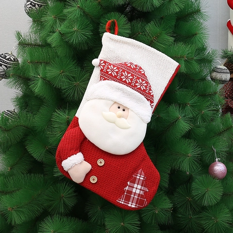Large Knit Christmas Stocking Santa Snowman 3D Plush Character Xmas Gift Bag Fireplace Hanging Socks Holiday Home Party Decor