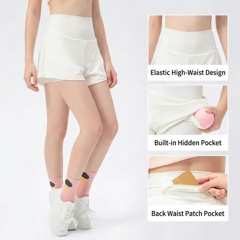 Pantaloncini Sportivi da Bambina ad Asciugatura Rapida Finto Due Pezzi Vita Alta Pantaloncini Larghi per Corsa e Tennis Per Bambini