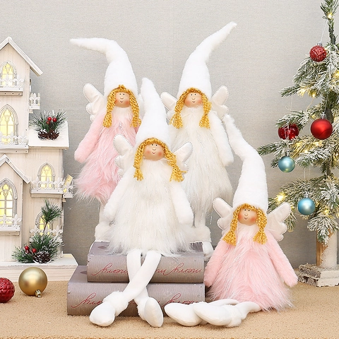 Poupées en Peluche Ange de Noël Avec Jambes Rétractables Figurines d'Ange Ailé Blanc Rose pour Décoration de Table de Noël