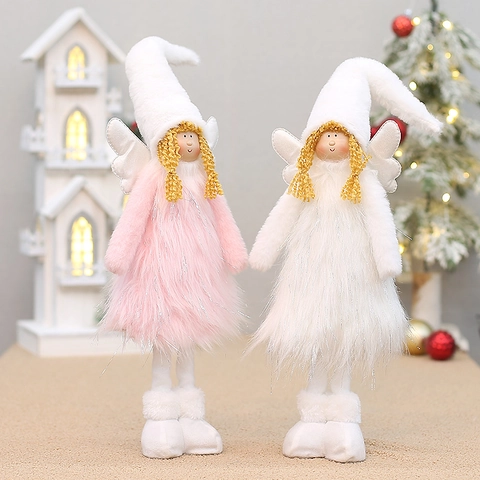 Poupées en Peluche Ange de Noël Avec Jambes Rétractables Figurines d'Ange Ailé Blanc Rose pour Décoration de Table de Noël