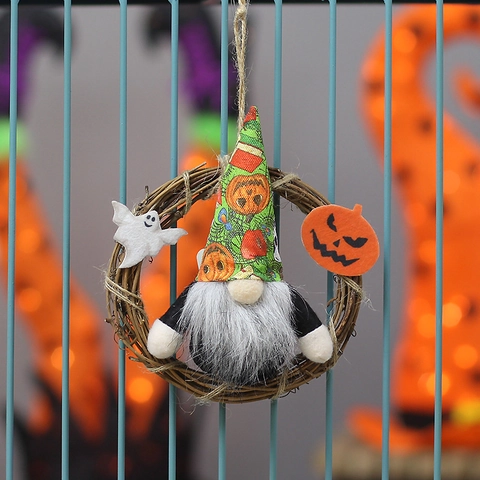 Halloween Gnom Kranz Hängedekoration Mit Rattanring Geist Kürbis Skelett Gesichtsloser Puppe Für Party Haus Wand Tür Deko