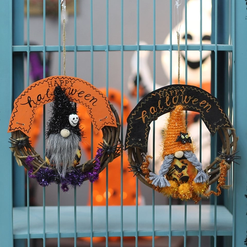 Ciondolo Ghirlanda in Rattan di Halloween Gnomo Decorazione Ragno Pipistrello Ornamento per Porta Parete Festa Casa Decorazione