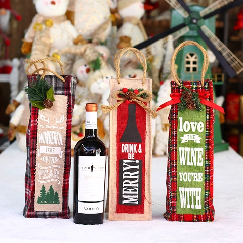 Bolsa de Regalo para Botella de Vino de Navidad Arpillera Lino Cuadros Rojos Verdes Fundas Reutilizables Con Lazos Decoración
