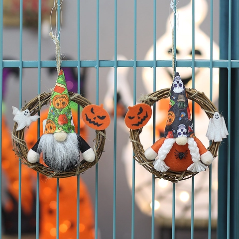 Halloween Gnom Kranz Hängedekoration Mit Rattanring Geist Kürbis Skelett Gesichtsloser Puppe Für Party Haus Wand Tür Deko