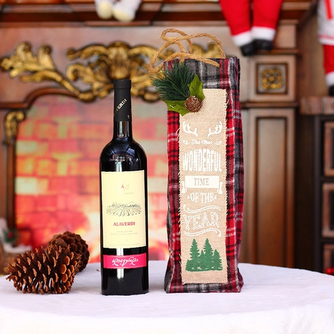 Bolsa de Regalo para Botella de Vino de Navidad Arpillera Lino Cuadros Rojos Verdes Fundas Reutilizables Con Lazos Decoración