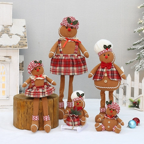 Bambola Peluche Pan di Zenzero di Natale Tessuto a Quadretti Maglia Nordica Giocattolo Gambe Retrattili Ornamento Tavola Natale Casa Decor