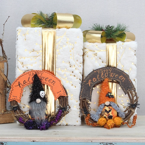 Ciondolo Ghirlanda in Rattan di Halloween Gnomo Decorazione Ragno Pipistrello Ornamento per Porta Parete Festa Casa Decorazione