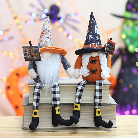 Bambola Gnomo Senza Volto con Gambe Lunghe di Halloween in Tessuto Peluche Cappello da Mago Zucca Ragno Ornamento Decorativo Tavolo