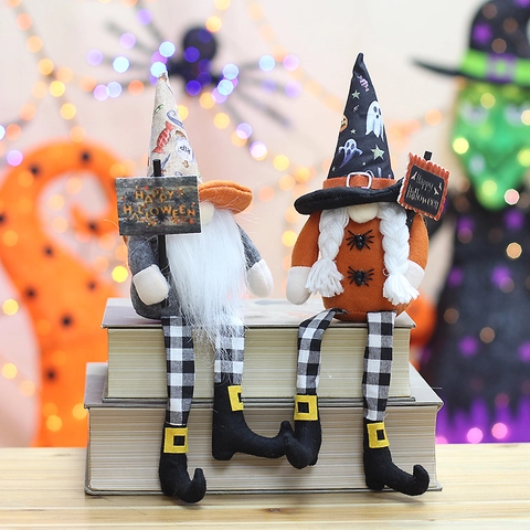 Bambola Gnomo Senza Volto con Gambe Lunghe di Halloween in Tessuto Peluche Cappello da Mago Zucca Ragno Ornamento Decorativo Tavolo