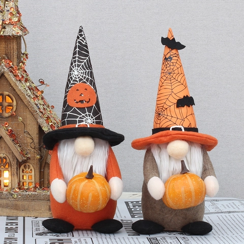 Halloween Gnome Plush Doll Faceless Dwarf Decoration With Pumpkin Bat Spider Web Pattern For Home Party Table Ornament