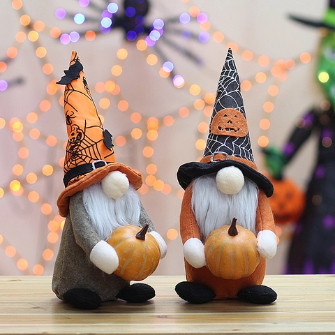 Halloween Gnome Plush Doll Faceless Dwarf Decoration With Pumpkin Bat Spider Web Pattern For Home Party Table Ornament