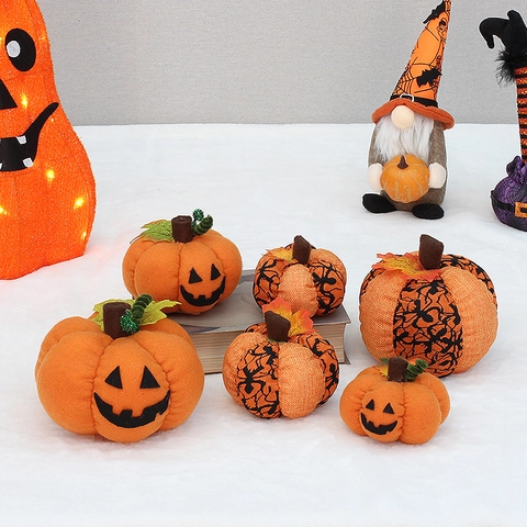 Stoffen Halloween Pompoen Ornamenten Oranje Smiley Gezicht Spinnenweb Decor Zachte Gevulde Pompoen Voor Thuis Feest Vakantie Arrangement