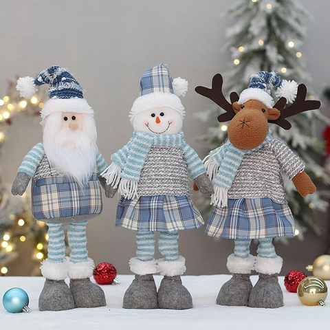 Bambola di Peluche Retrattile di Natale Blu Grigio Babbo Natale Pupazzo di Neve Renna Statuetta Ornamento in Piedi per Decorazione Casa