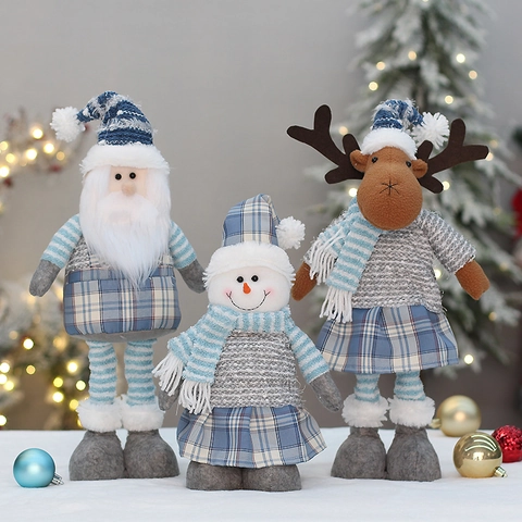Bambola di Peluche Retrattile di Natale Blu Grigio Babbo Natale Pupazzo di Neve Renna Statuetta Ornamento in Piedi per Decorazione Casa