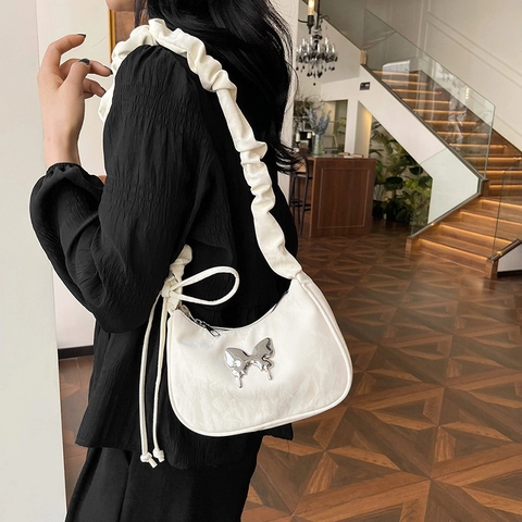 Sac à Épaule Plissé en PU pour Femmes Avec Boucle Papillon Métallique Y2K Sac Hobo Froncé Mode Décontracté Sac Sous le Bras
