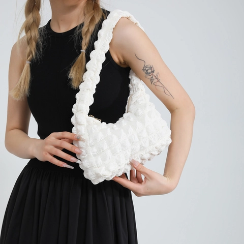 Mode Femmes Sac à Épaule Nylon Tissu Popcorn À Carreaux Plissé Sac Sous le Bras Style Coréen Grande Capacité Sac à Main Quotidien