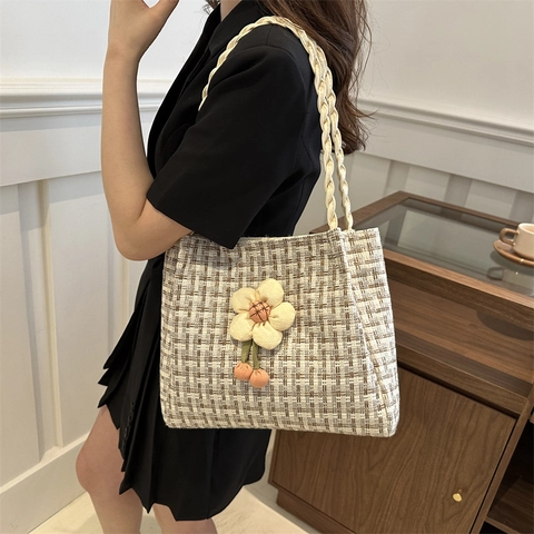 Dames Stro Geweven Tote Tas Met 3D Bloem Ruit Grote Capaciteit Zomer Strand Schoudertas Handtas