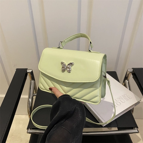 Women Fashion PU Leather Quilted Shoulder Bag Butterfly Metal Buckle Chevron Small Square Handbag Crossbody Satchel Bag