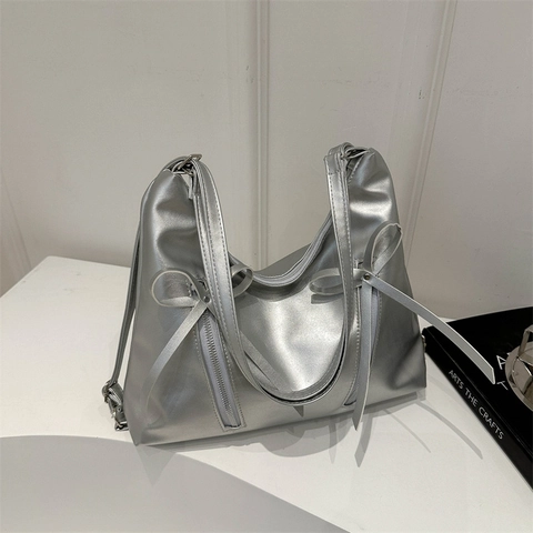 Borsa Tote in Pelle PU da Donna alla Moda con Fiocco Borsa a Tracolla di Grande Capacità con Cerniera Zaino Casual Multiuso
