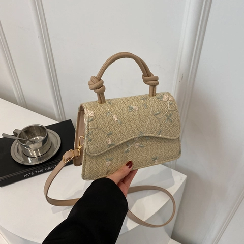 Women Elegant Floral Embroidery Woven Small Square Bag Knotted Handle PU Leather Strap Shoulder Crossbody Handbag For Summer