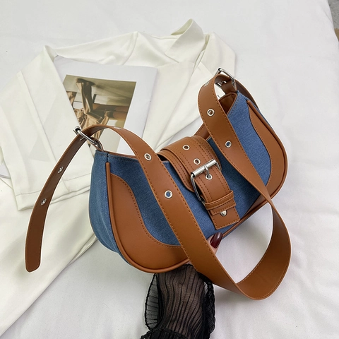 Bolso de Hombro de Patchwork de Mezclilla y Cuero PU para Mujer Moda Bloque de Color Bolso Hobo de Media Luna Bolso Cruzado
