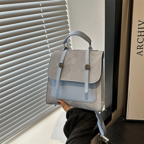 Mochila de Cuero PU de Moda para Mujer Color de Contraste Estilo Preppy Bolso de Viaje Pequeño con Hebillas de Metal para Escuela Diaria Bolso de Mano para Mujer