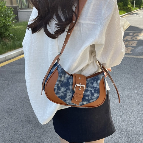 Bolso de Hombro de Patchwork de Mezclilla y Cuero PU para Mujer Moda Bloque de Color Bolso Hobo de Media Luna Bolso Cruzado