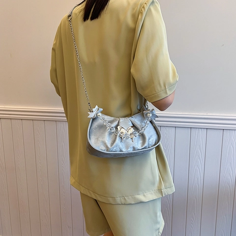 Borsa a Spalla in PU a Pieghe Con Decorazione a Farfalla per Donna Borsa Sottobraccio Con Manico in Perle Artificiali e Tracolla