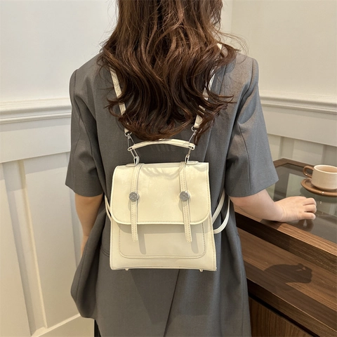 Mochila de Cuero PU de Moda para Mujer Color de Contraste Estilo Preppy Bolso de Viaje Pequeño con Hebillas de Metal para Escuela Diaria Bolso de Mano para Mujer