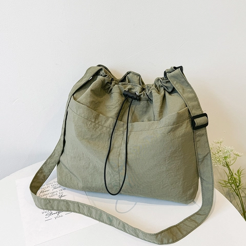 Große Kapazität Segeltuch Kordelzug Eimertasche Für Damen Japanischen Ins Stil Lässig Streetwear Schulter Umhängetasche Kurierbeutel