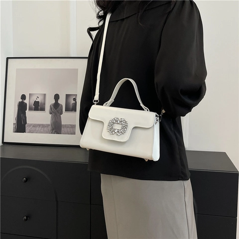 Women Fashion Rhinestone Buckle Small Square Bag PU Leather Shoulder Crossbody Bag Handbag For Daily Party Lady Purse
