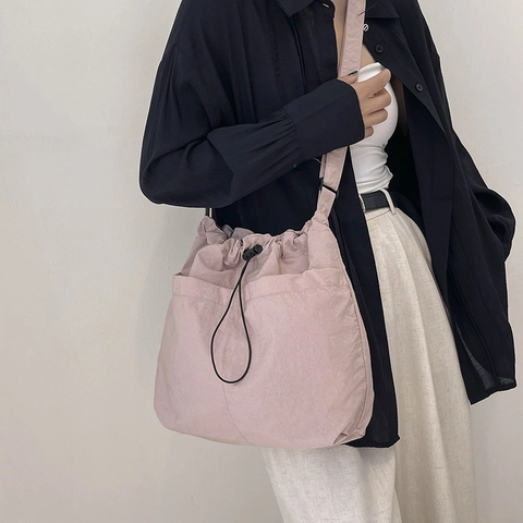 Große Kapazität Segeltuch Kordelzug Eimertasche Für Damen Japanischen Ins Stil Lässig Streetwear Schulter Umhängetasche Kurierbeutel
