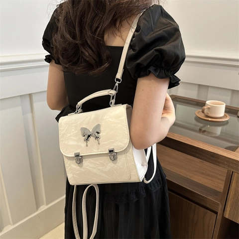 Damen Mode PU Leder Falten Rucksack Vintage Kleine Handtasche Mit Metall Schmetterlingsschnalle Reise Schule Mehrzwecktasche